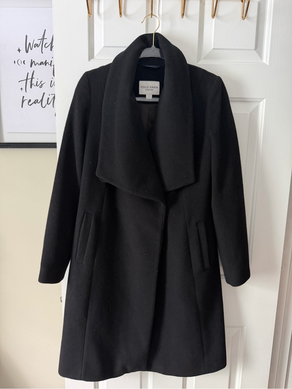 Cole Haan Black Wool-Blend Draped Collar Pea Coat